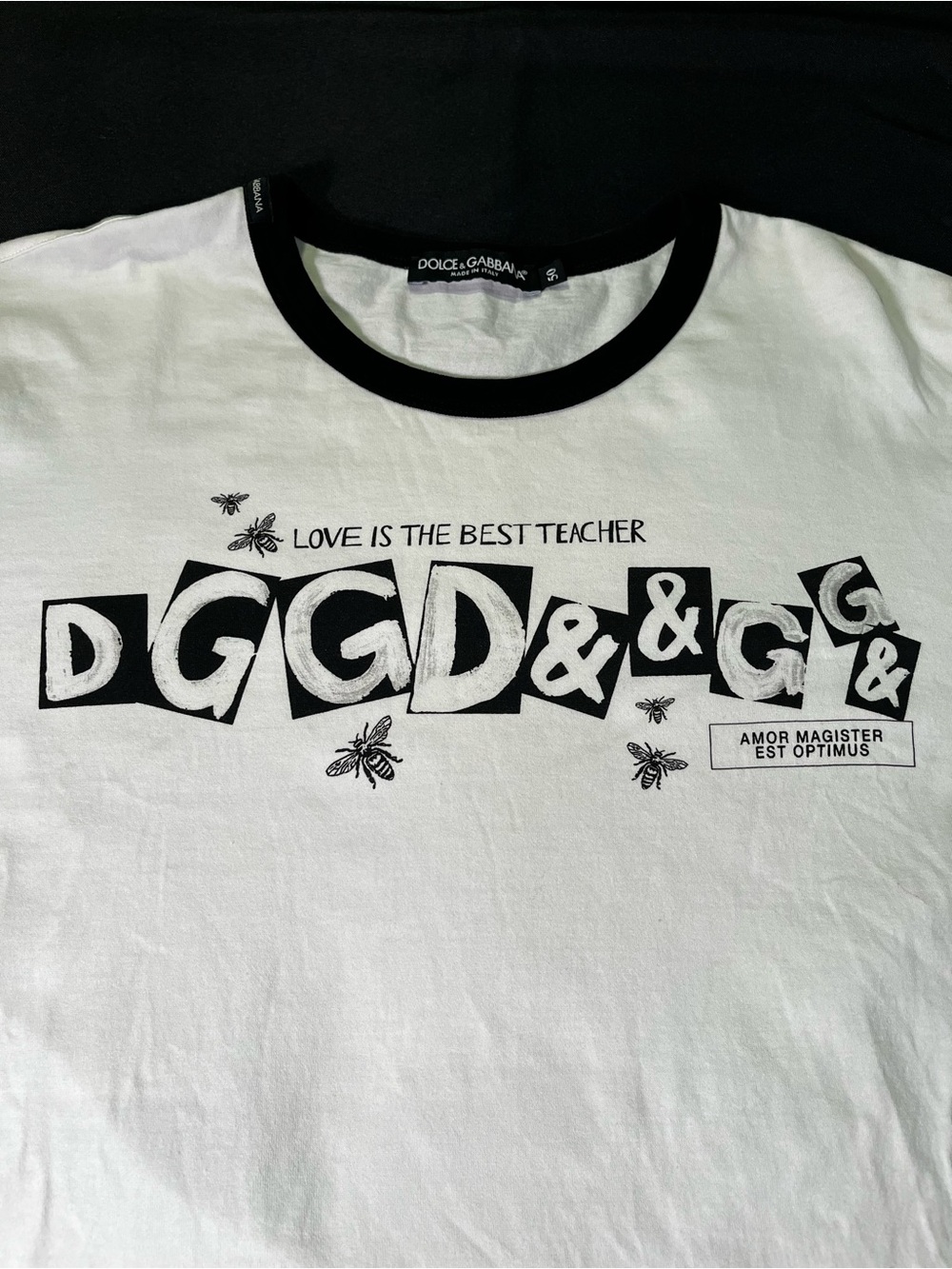 Dolce & Gabbana white black ringer tee love is the best teacher bee tshirt 50 M